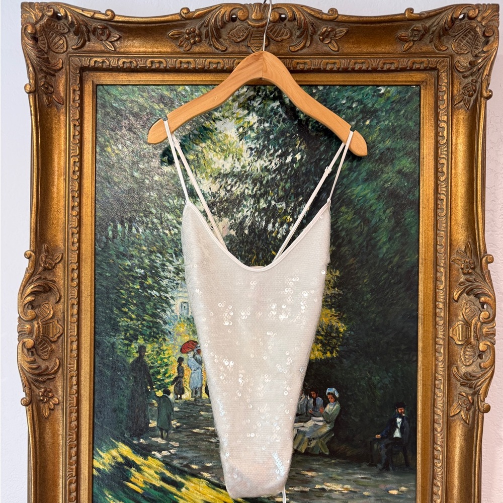 Victoria Secret White sequin bridal one piece, thong and corset back NWT